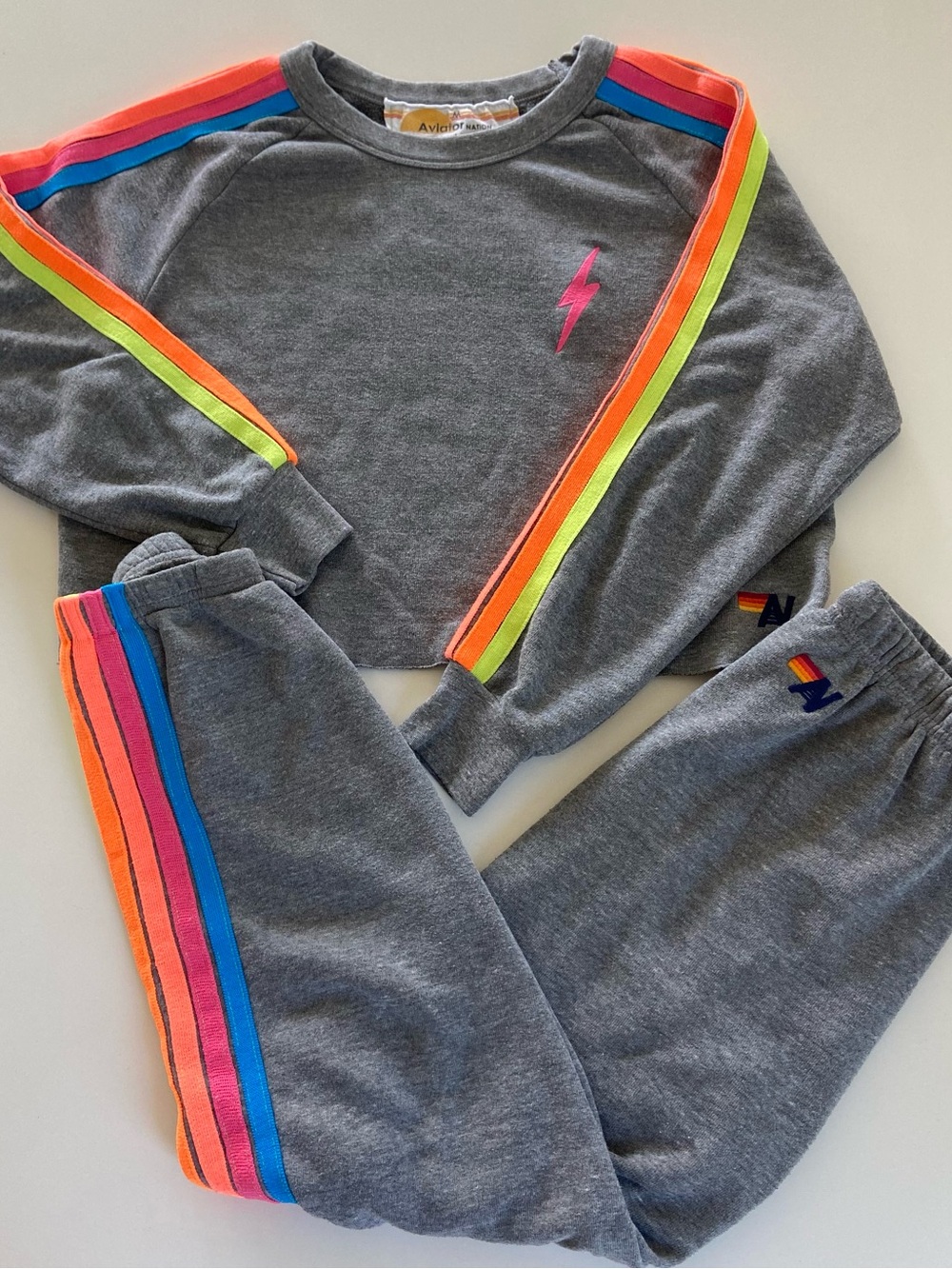 AVIATOR NATION SET Gray w/ Neon Stripes Medium Top + Bottoms 🌈 RARE SOLD OUT
